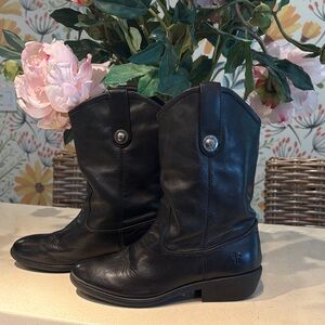 Girl’s Frye “Melissa Button” Black Leather Mid-Calf Cowboy Boots - Size 3